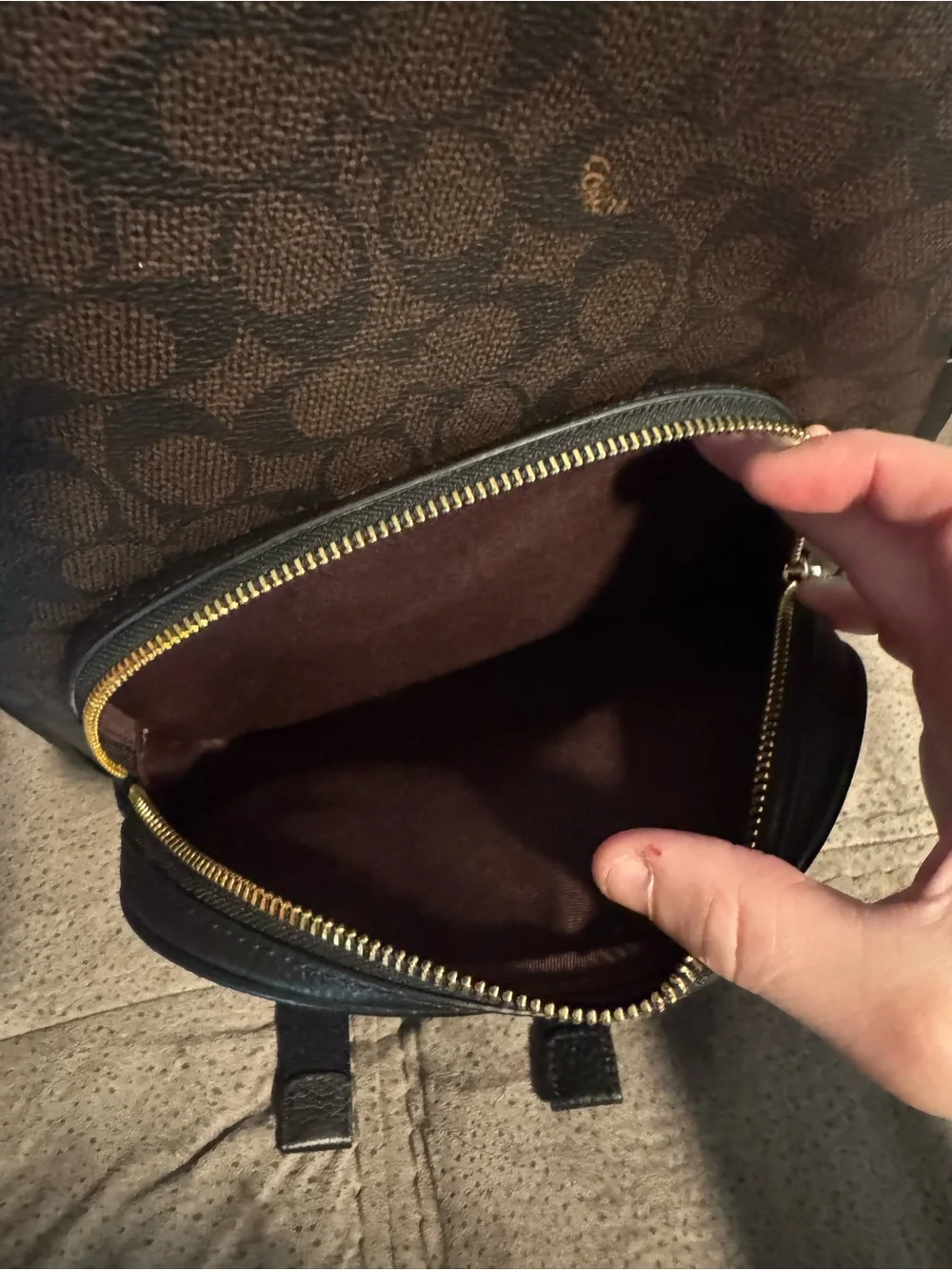 Coach Brown Signature Canvas Mini Backpack with Black Leather Trim